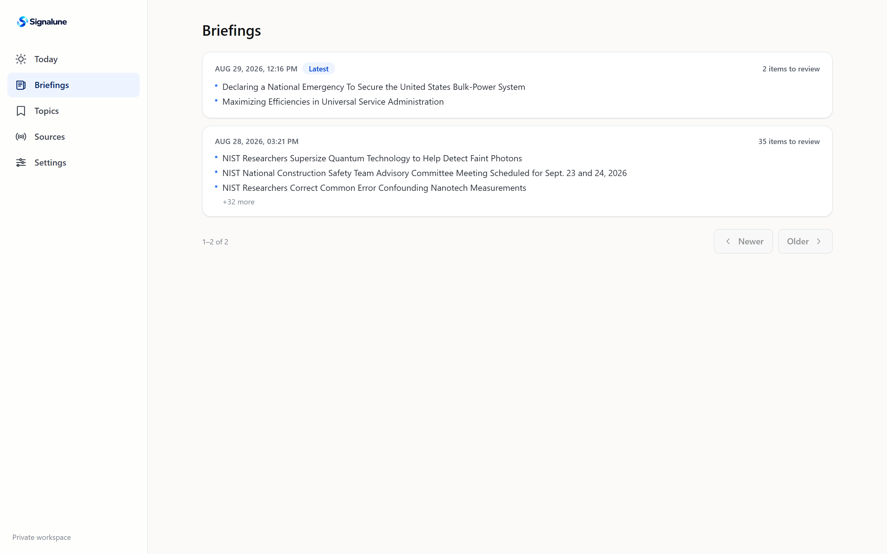 Signalune briefing library — chronological briefings with headline previews