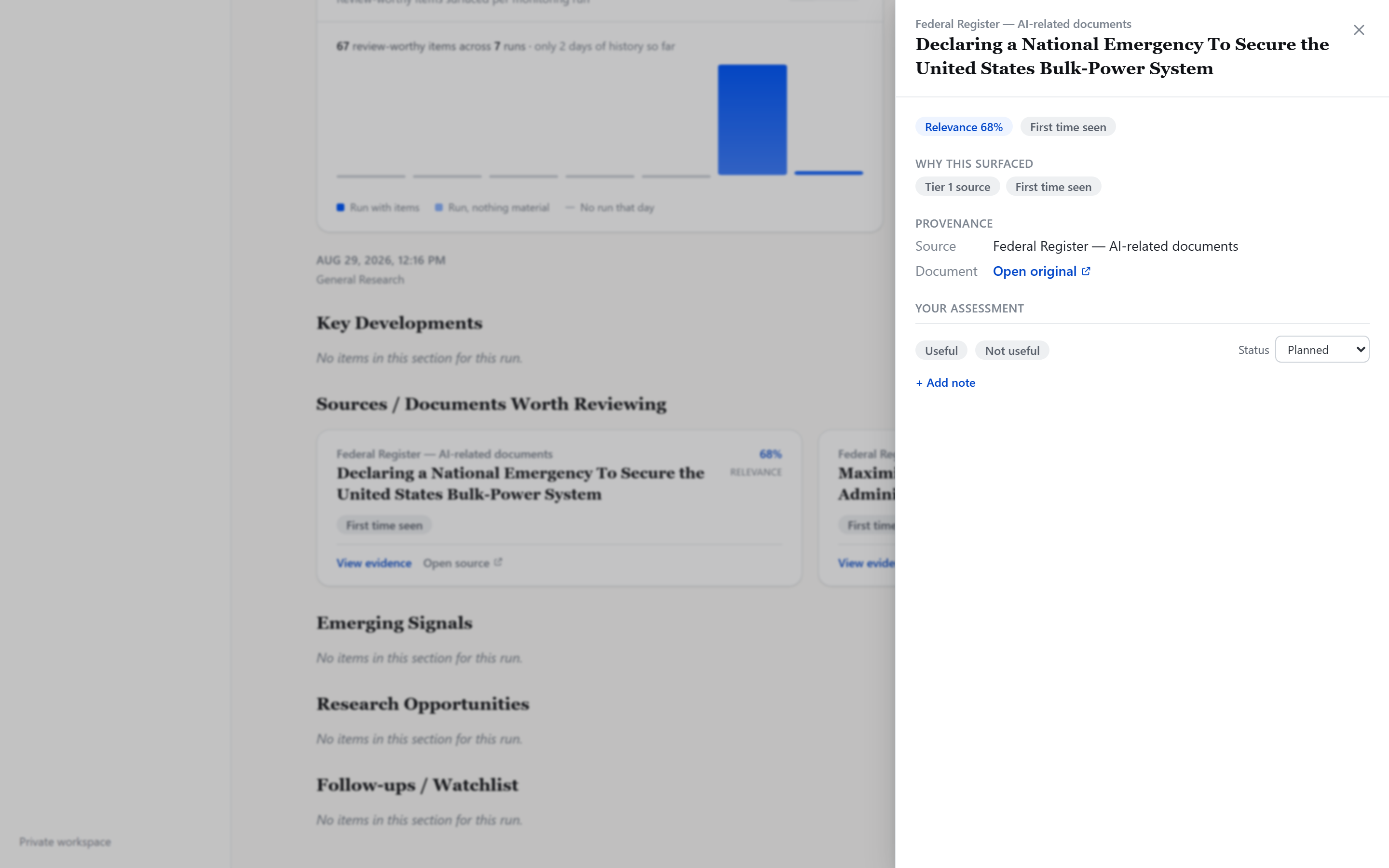 Signalune evidence detail — provenance, why an item surfaced, relevance and assessment