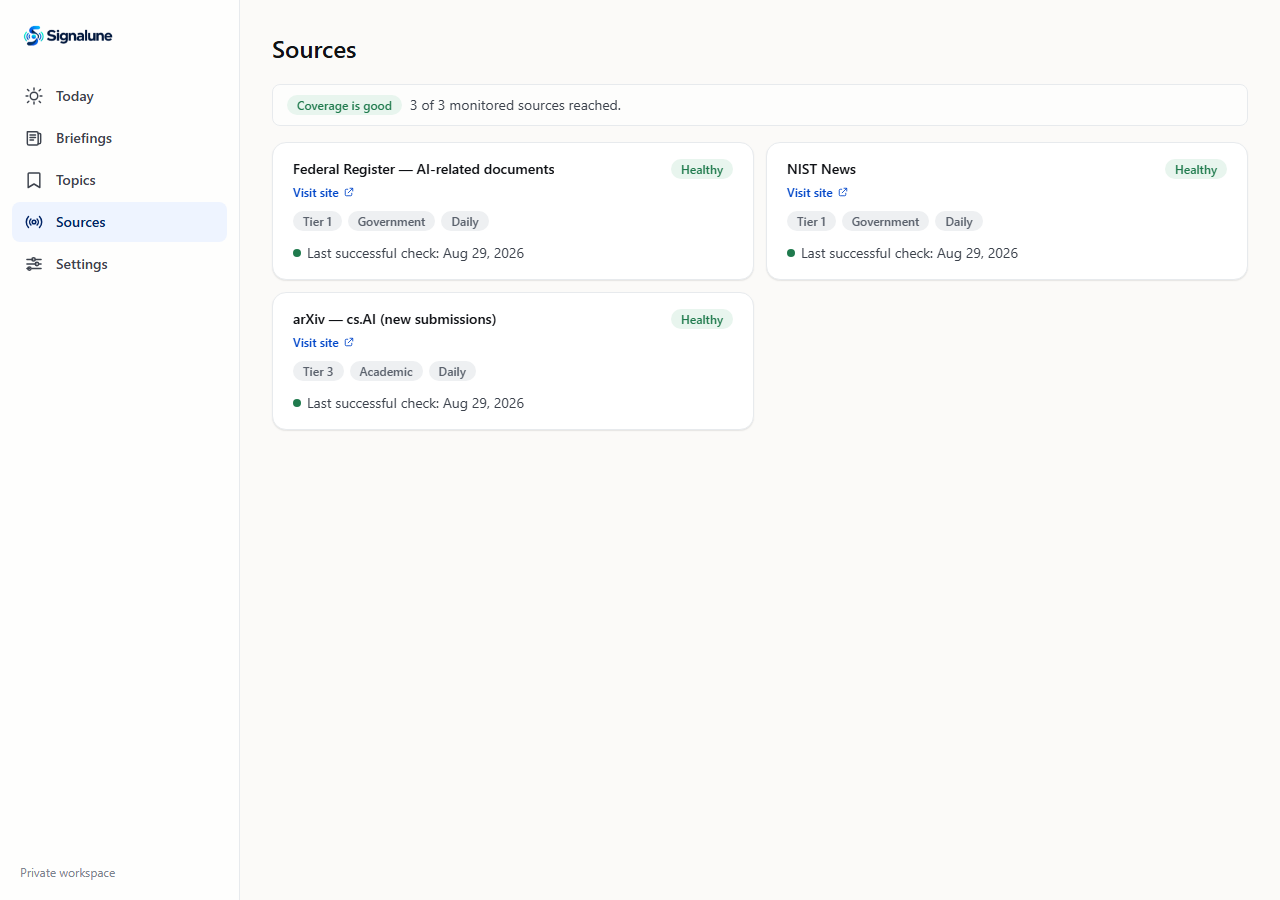 Signalune Sources screen — monitored public sources and their health